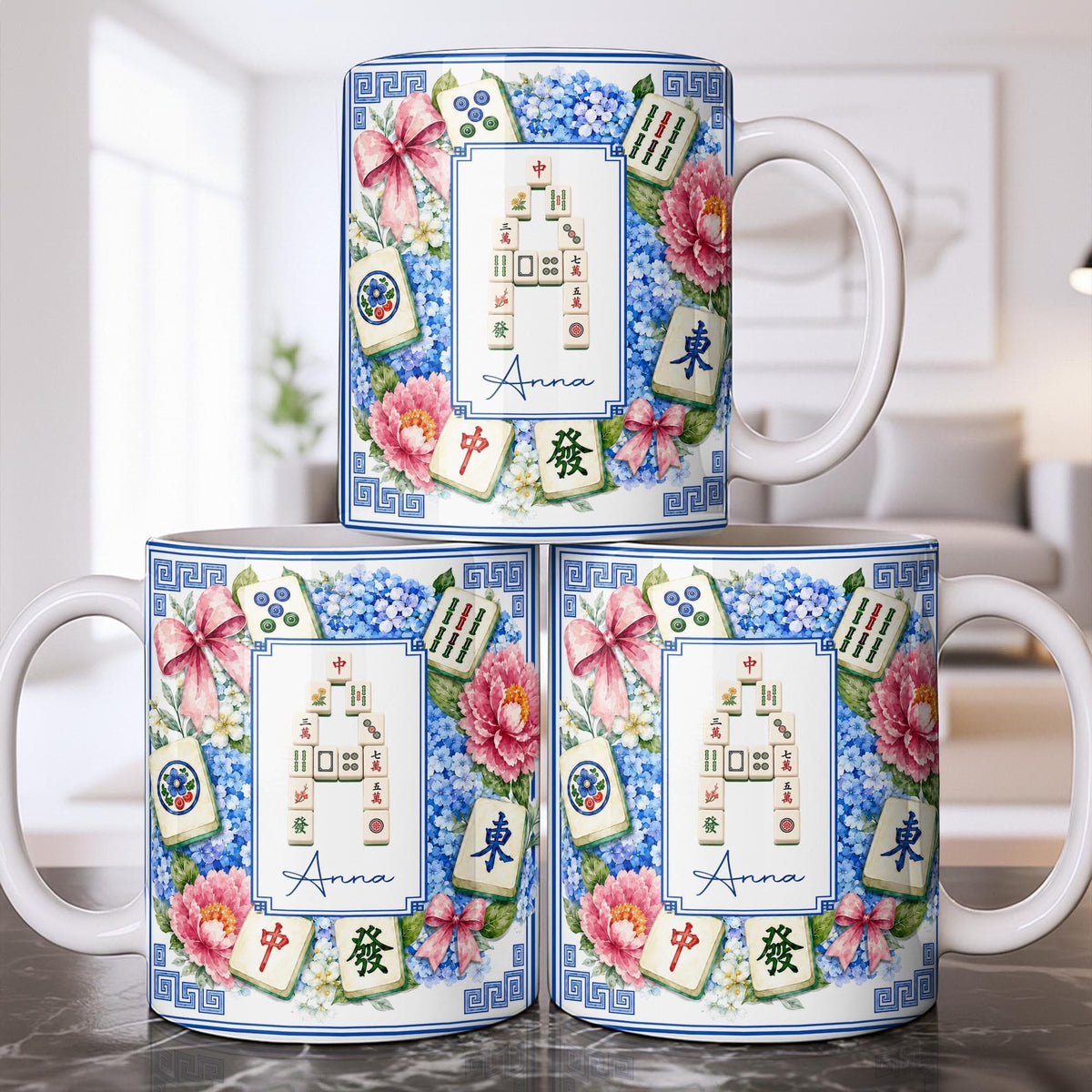 Mahjong Letter And Floral Initial, Personalized Coffee Mug, Gift For Mahjong Lovers - 8