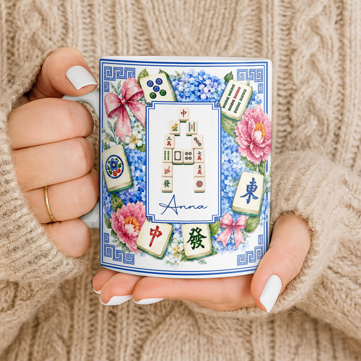 Mahjong Letter And Floral Initial, Personalized Coffee Mug, Gift For Mahjong Lovers - 9