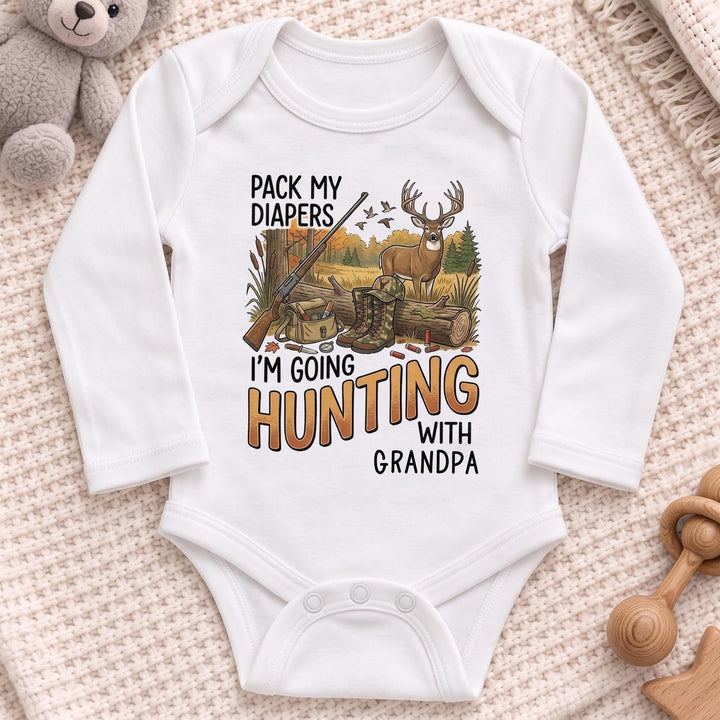 Pack My Diapers Hunting With Grandpa, Personalized Long Sleeve Baby Onesie