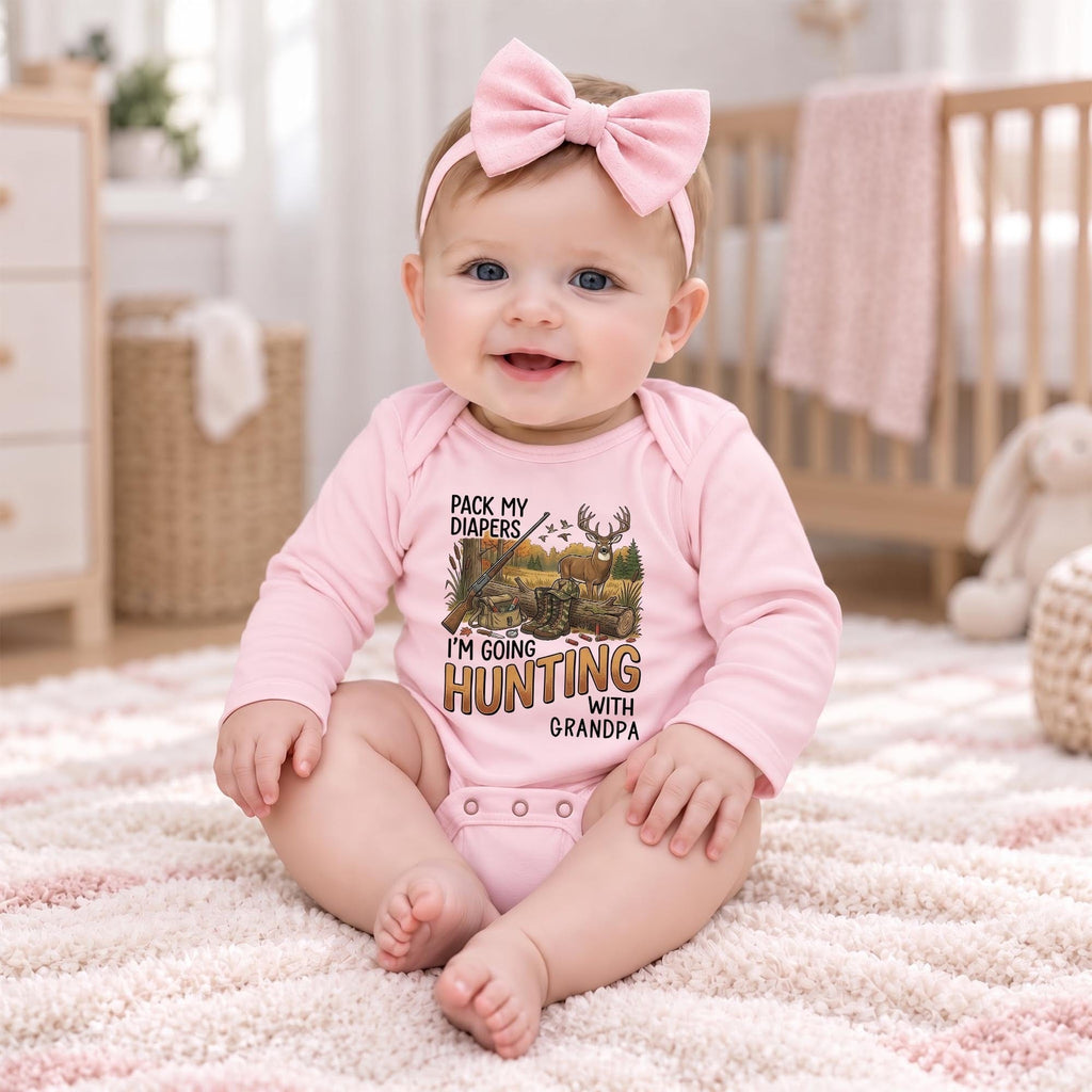 Pack My Diapers Hunting With Grandpa, Personalized Long Sleeve Baby Onesie - 5