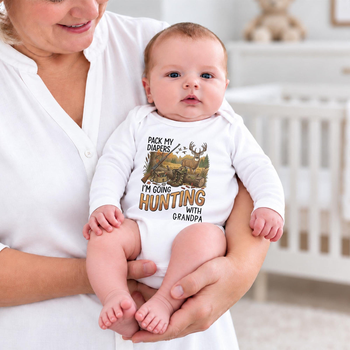 Pack My Diapers Hunting With Grandpa, Personalized Long Sleeve Baby Onesie - 7