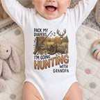 Pack My Diapers Hunting With Grandpa, Personalized Long Sleeve Baby Onesie - 4