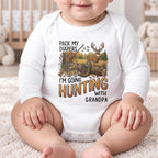 Pack My Diapers Hunting With Grandpa, Personalized Long Sleeve Baby Onesie - 3