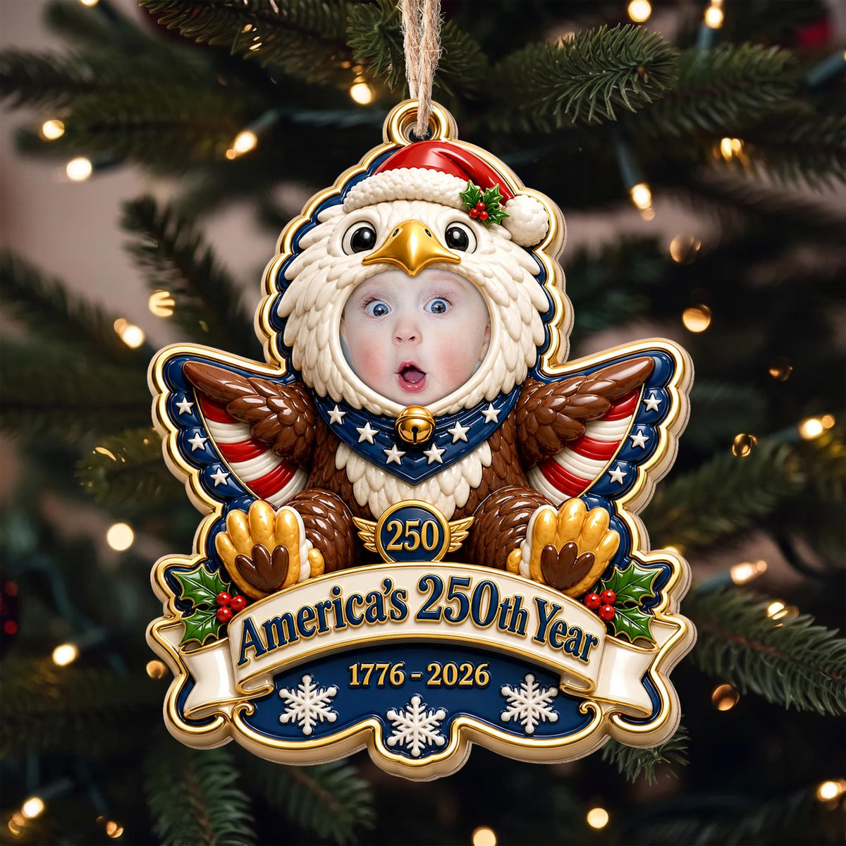 America's 250th Year Patriotic Eagle, Personalized Custom Wood Ornament, Gift For Grandkids - 1