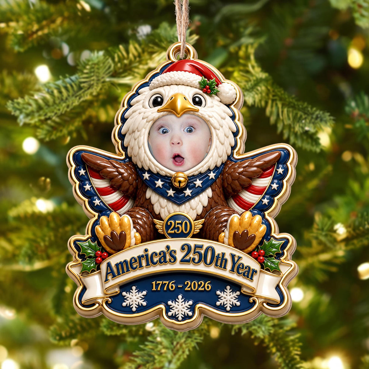 America's 250th Year Patriotic Eagle, Personalized Custom Wood Ornament, Gift For Grandkids - 4