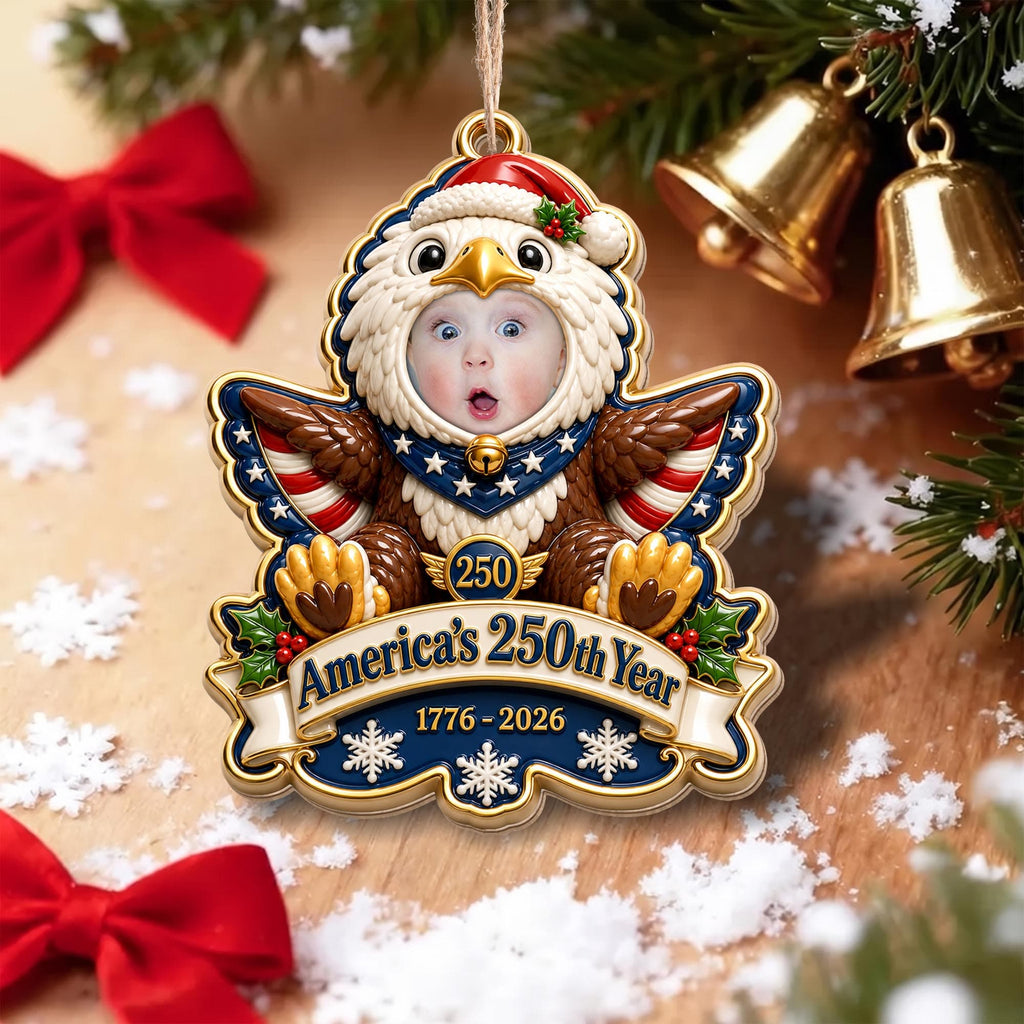 America's 250th Year Patriotic Eagle, Personalized Custom Wood Ornament, Gift For Grandkids - 7