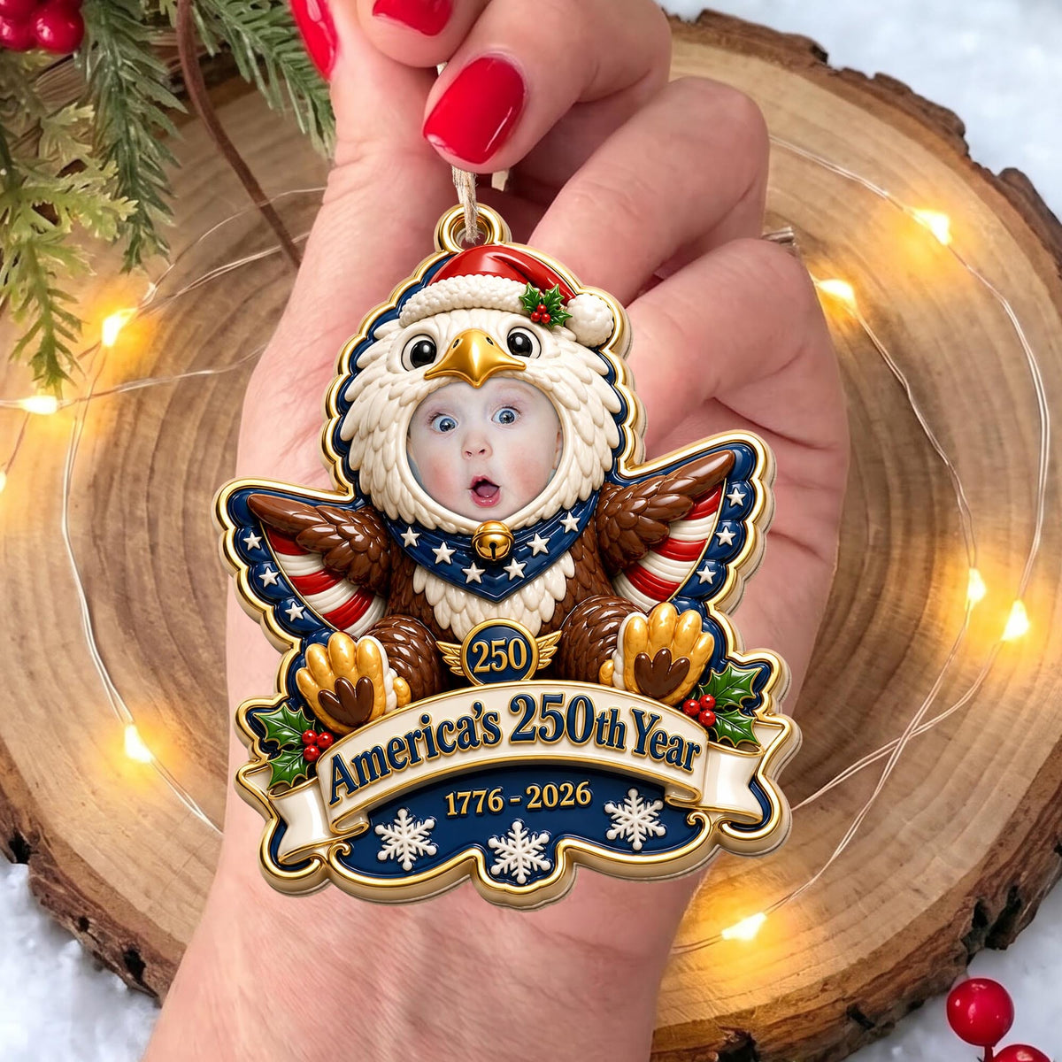 America's 250th Year Patriotic Eagle, Personalized Custom Wood Ornament, Gift For Grandkids - 9