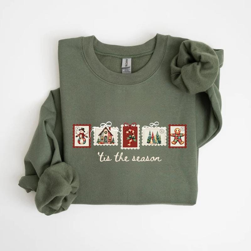 Retro Winter Stamp Sweatshirt, Patchwork Christmas Stamps Sweater, Coquette Christmas Sweatshirt, Winter Stamp Sweatshirt