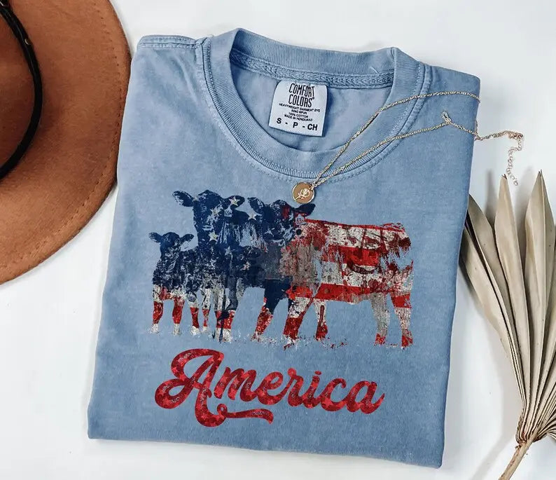 Comfort Colors Patriotic Cattle Tee: Ranching USA Flag Apparel