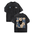Black Cat Floral Pattern Fun Print Vintage Washed Pure Cotton T-shirt Y2k Style American Street Style Suitable for Both Men and Women To Wear Clothes