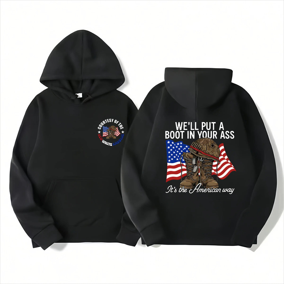 T - shirt with “WE'LL PUT A BOOT IN YOUR ASS” slogan, American flag & military boot graphic, front “CONTEST OF THE RED WHITE AND BLUE” design