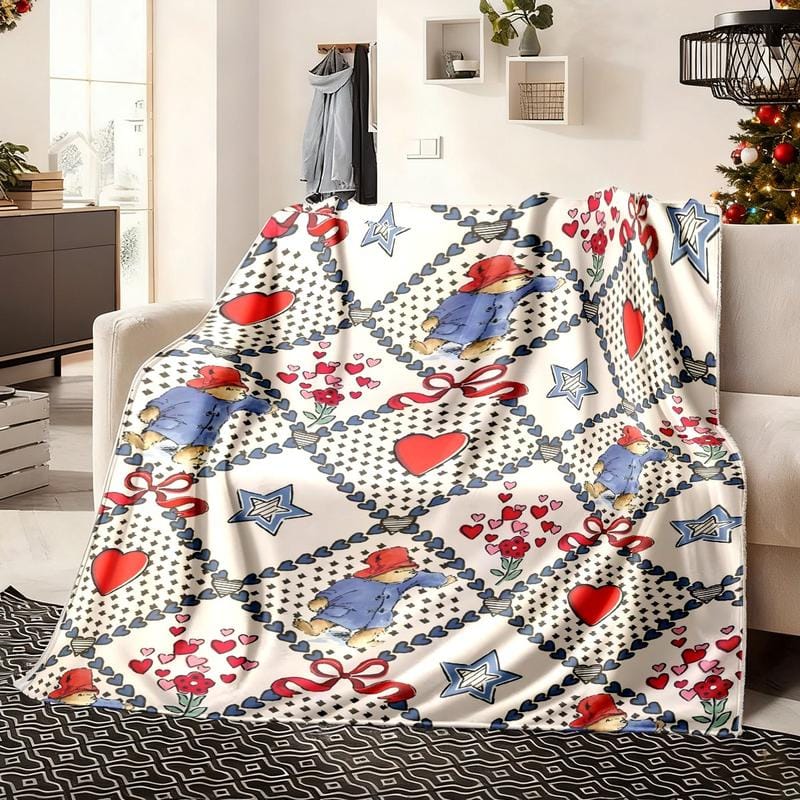 Valentine's Paddington Bear Heart Blanket, Plush Flannel Fabric for Warmth