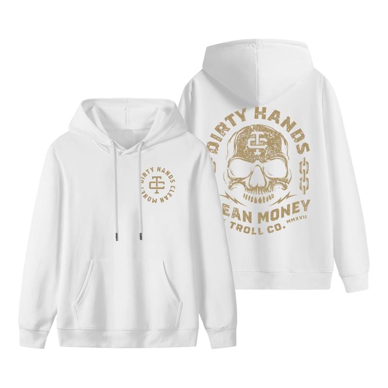 Dirty Hands Clean Money Hoodie Bold Skull Graphic for Men Heavy Duty Streetwear Pullover Motivational Hustle Apparel USA Grit Style Apparel Made In The USA