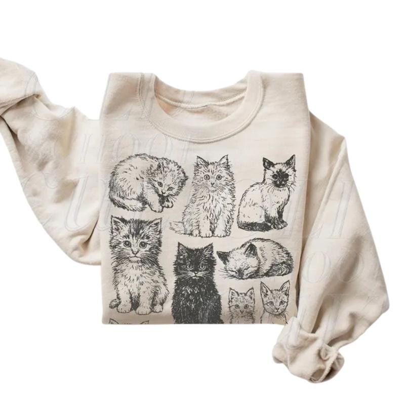 The Vintage Cat Sweatshirt, Retro Kitten Graphic Pullover, Cozy Cat Lover Gift, 90s Style Shirt, Cute Cat Mom Sweater,  Boho Unisex Crewneck Sweatshirt,  Menswear Top, Womenswear Top Underwear Streetwear Medium