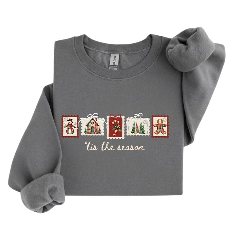 Retro Winter Stamp Sweatshirt, Patchwork Christmas Stamps Sweater, Coquette Christmas Sweatshirt, Winter Stamp Sweatshirt