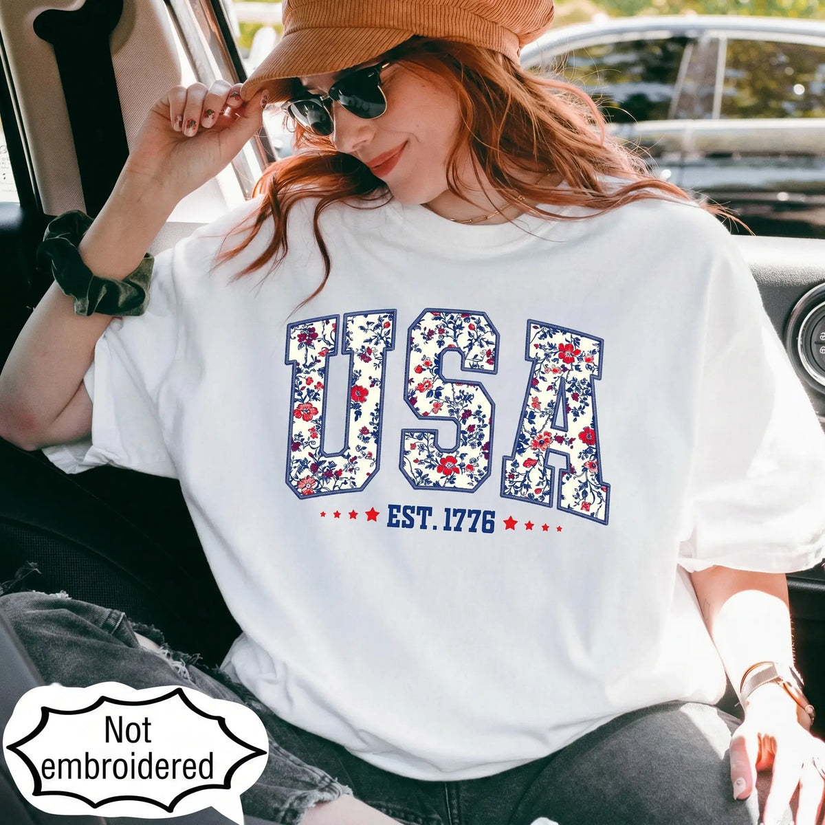 Faux Embroidered Floral USA Shirt | Comfort Colors Retro 4th of July Tee
