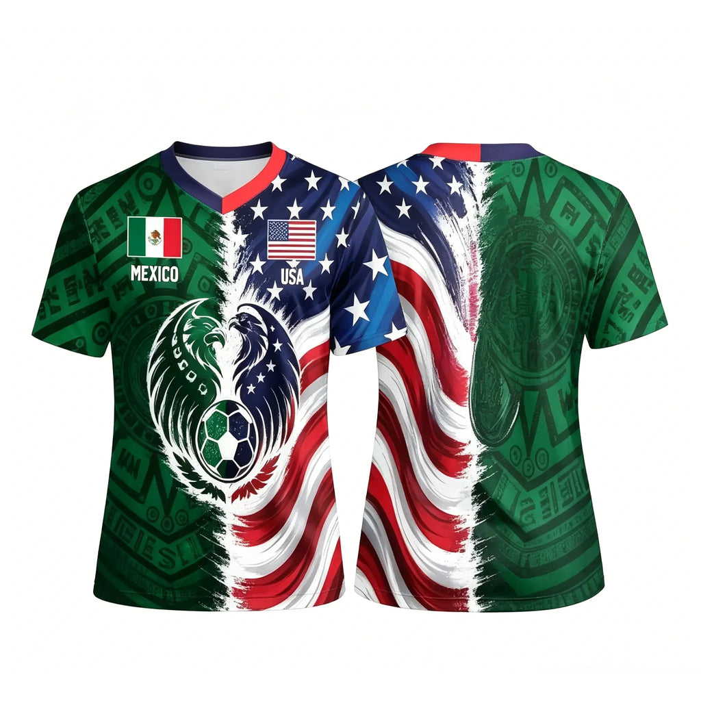 Full Half USA Half Mexico Flag Split Print Soccer Jersey, Binational Eagle Football Shirt, Game Day Outfit, Ideal Gift for Soccer Fans#MexicoUSASoccerJersey#BinationalFootballTop#SplitFlagSoccerShirt#GameDayOutfit#SoccerJersey