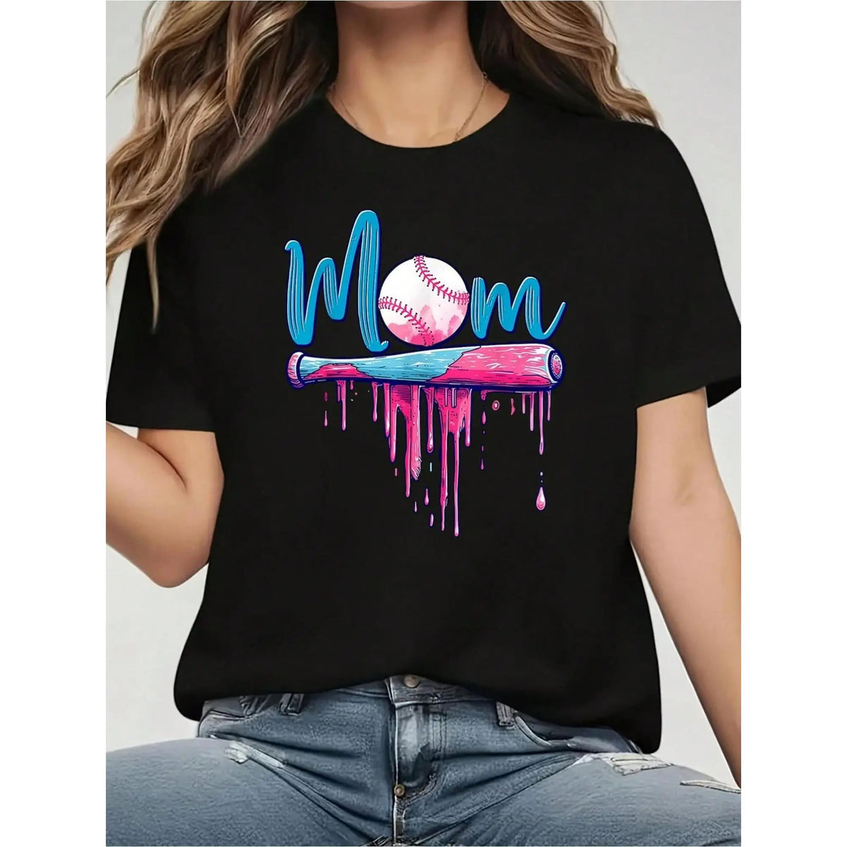 Cotton Short Sleeve T-Shirt Baseball Mom Graphic T-Shirt - 100% Casual Crew Neck with Baseball Bat & Pink Drip Design for Sports Moms Graphic tees, washed shirt, hoodie and sweatshirt