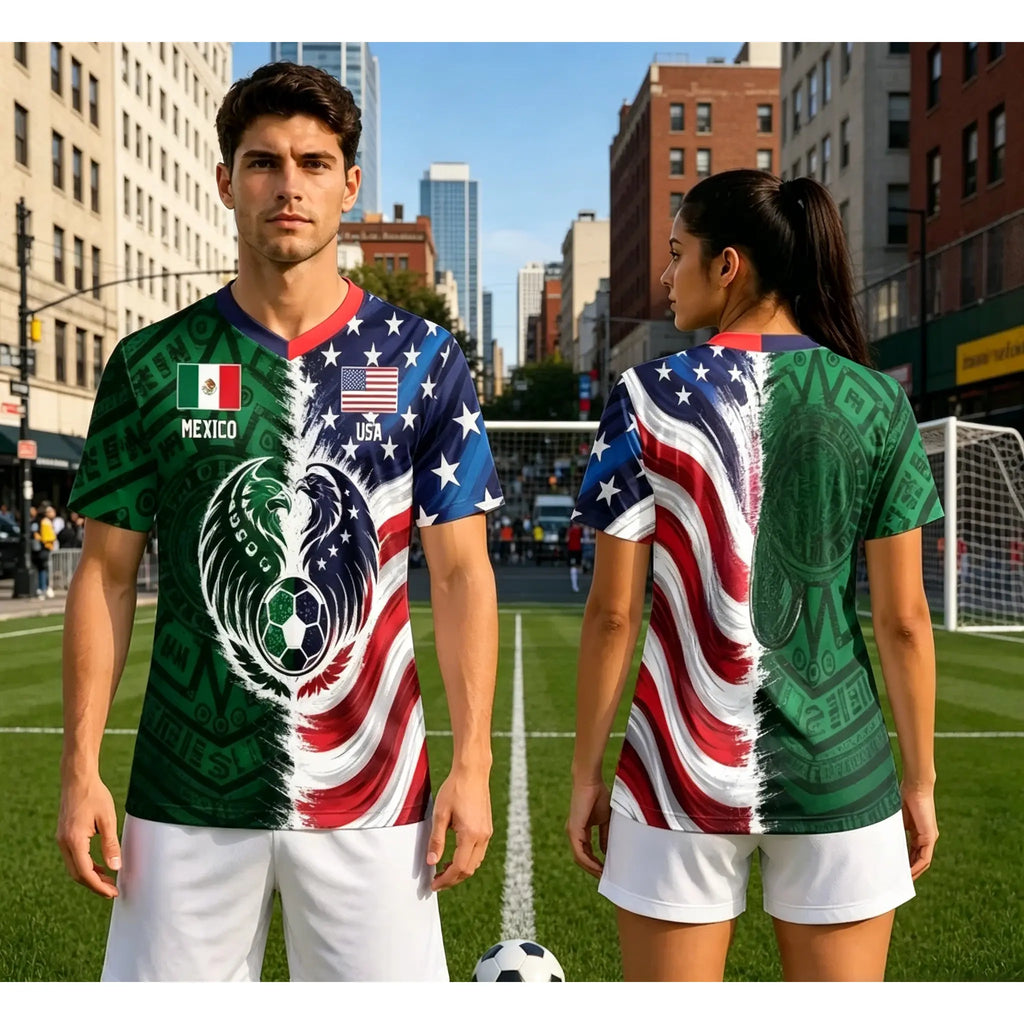 Full Half USA Half Mexico Flag Split Print Soccer Jersey, Binational Eagle Football Shirt, Game Day Outfit, Ideal Gift for Soccer Fans#MexicoUSASoccerJersey#BinationalFootballTop#SplitFlagSoccerShirt#GameDayOutfit#SoccerJersey