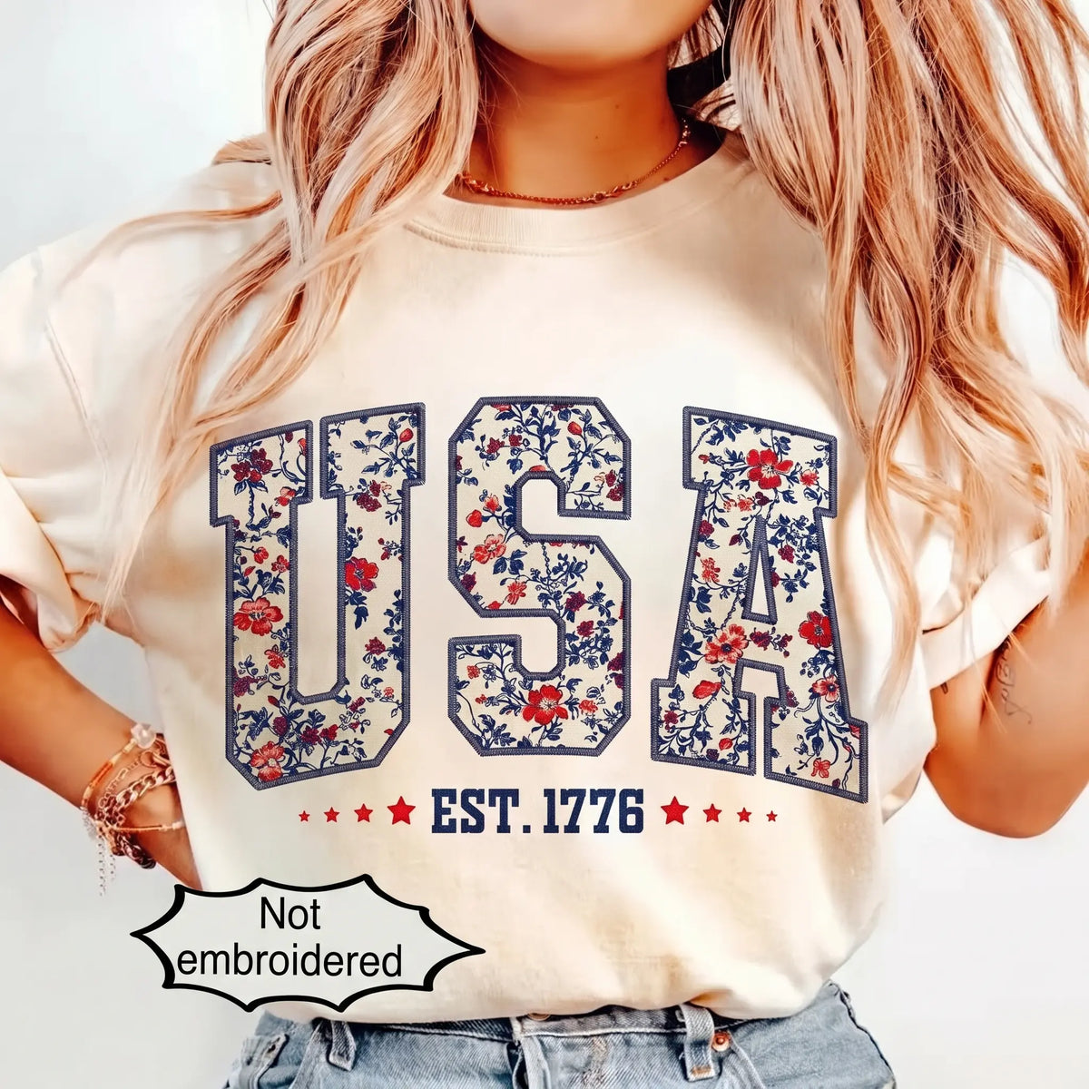 Faux Embroidered Floral USA Shirt | Comfort Colors Retro 4th of July Tee